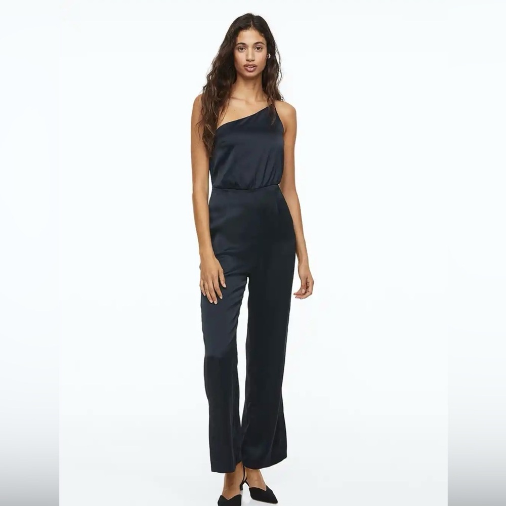 H&M Elegant Black Satin One-Shoulder Jumpsuit XS